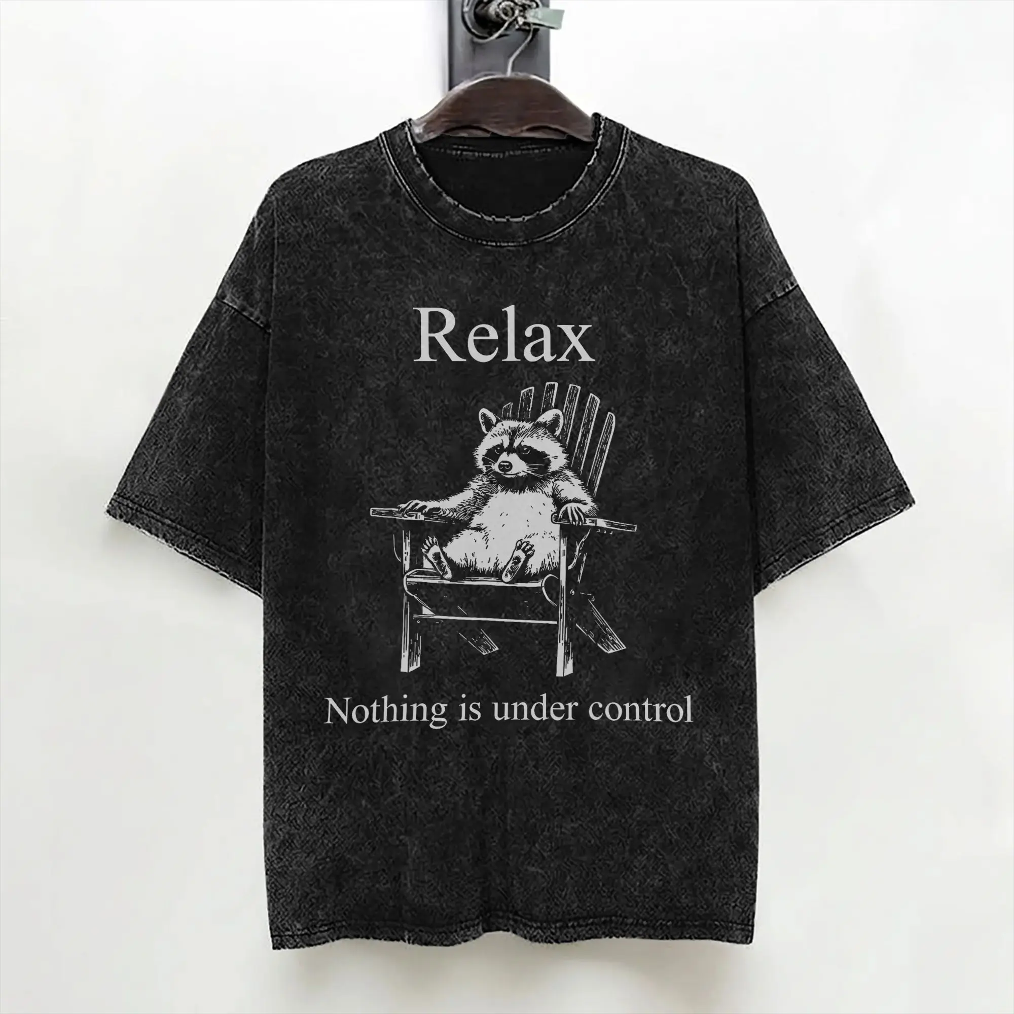 Relax Nothing is Under Control Raccoon Surrender Washed T Shirts Streetwear Hip Hop T-Shirts Tees Tops for Men Cotton Oversize