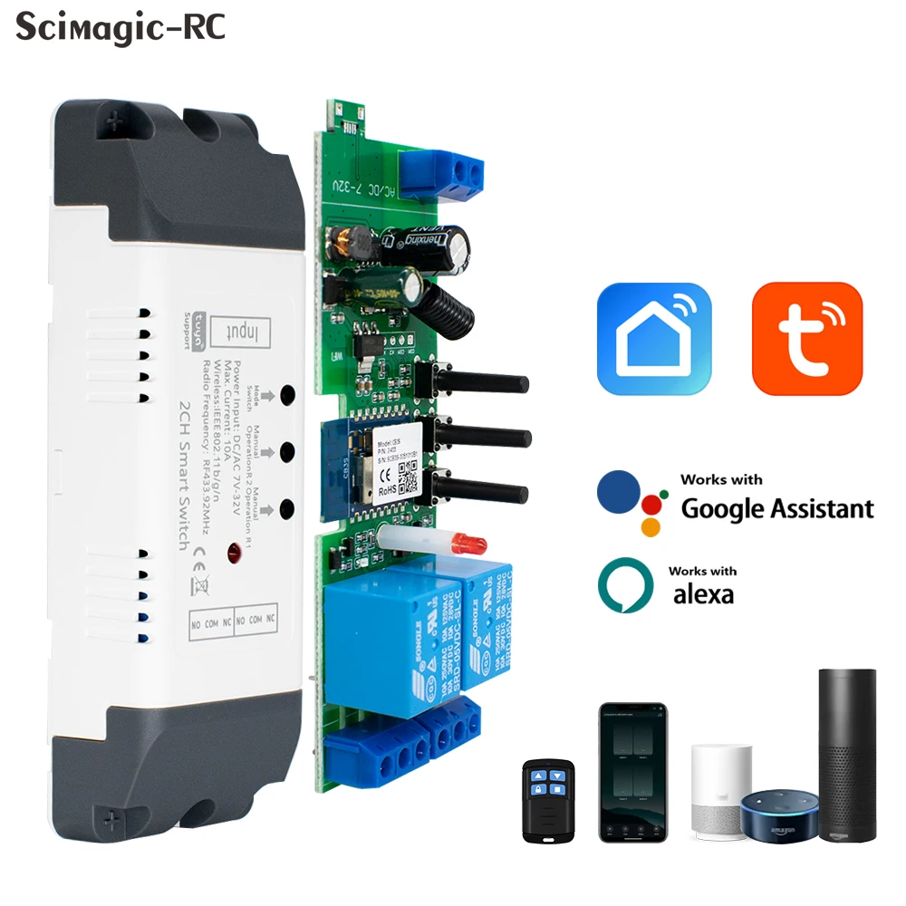Tuya Smart WIFI Gate Automation Motor Lock Switch,2CH DC AC 12V 24V,110V 220V 2 Channel Pulse Relay Module,RF433 Remote