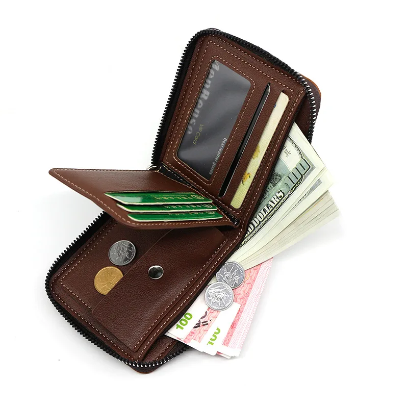 Men\'s Short Zipper Wallet Fashion Casual PU Leather Card Holder With Coin Pocket