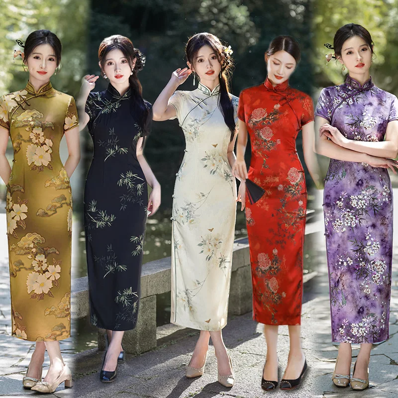 

Chinese Elegant Print Satin Retro Traditional Oriental Short Sleeve Qipao Summer Party Dress Women Cheongsam