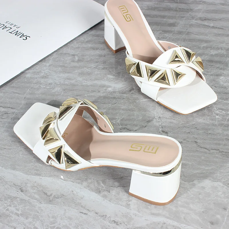 Women's Shoes 2024 Summer New Rivet Decorated Open Toe High Heel Slippers Square Heel Outside Simple Slippers Shoes for Women