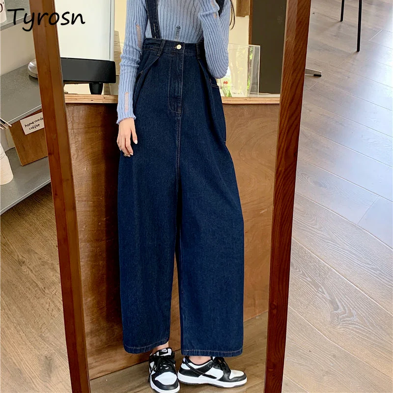 S-5XL Denim Jumpsuits Women Blue Loose High Waist Long Trousers All-match Students Harajuku Solid Streetwear Designed Aesthetic