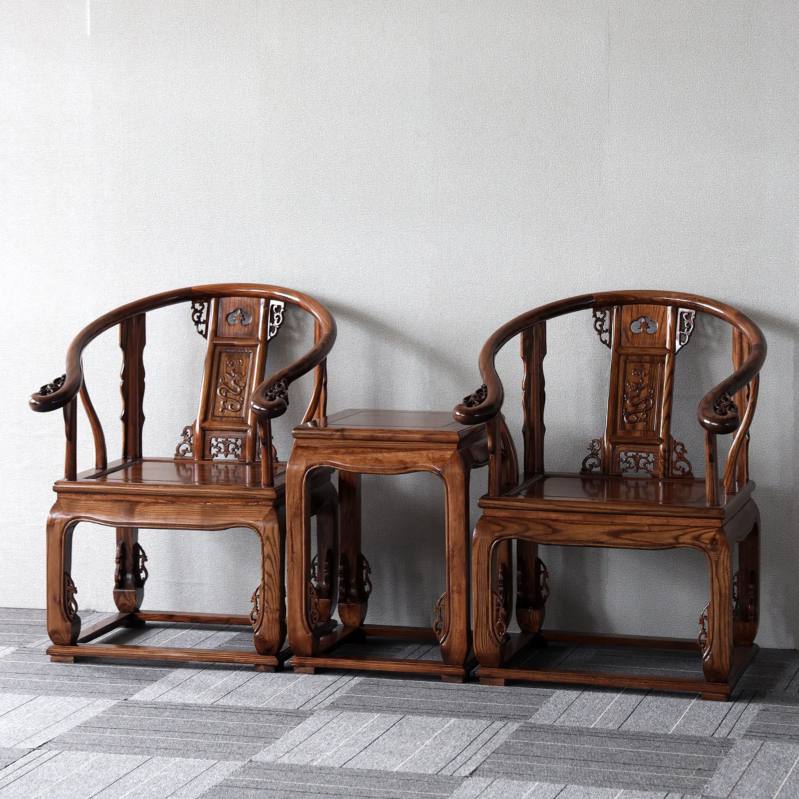 For Antique Solid Elm Armchair Set, Chinese Official's Hat Chair with Tea Table, 3-Piece Home Furniture