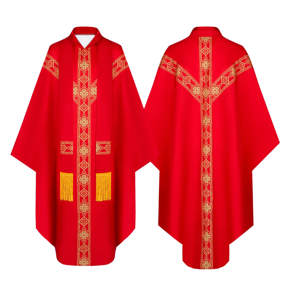 Anime Catholic Priest Chasuble Church Mass Cosplay Costume pour hommes, Anime Casual Purple White Red Vestment Robe with Baggy Sleeve