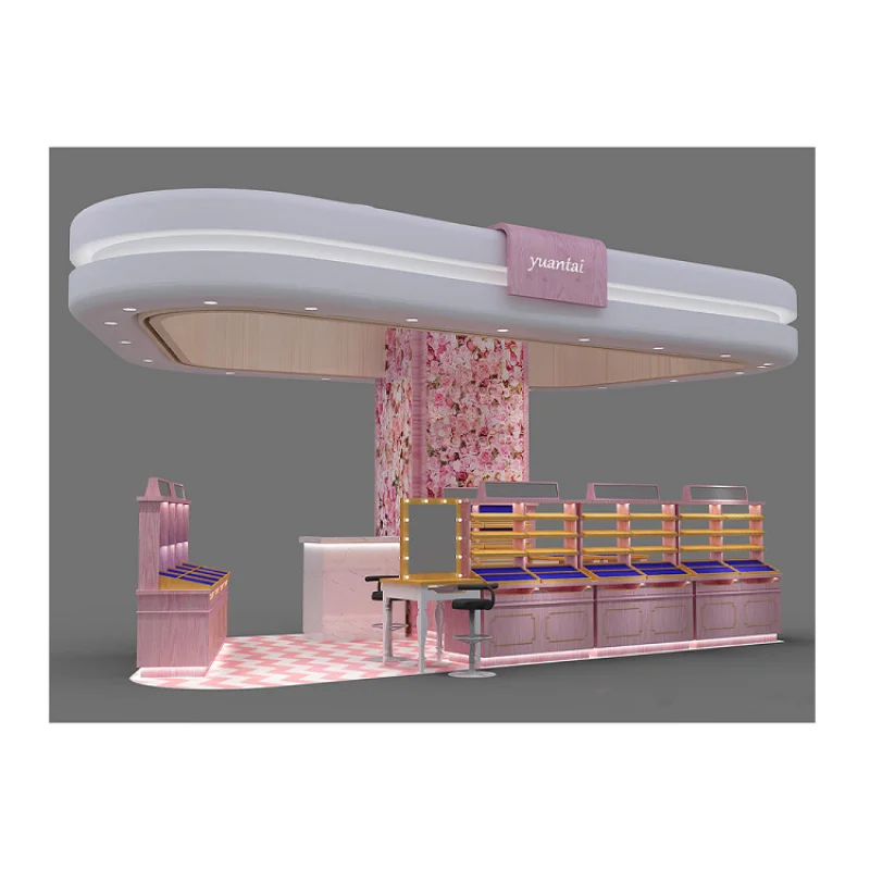 

Custom. Pink Cosmetic Showcase Kiosk Beauty Store Display Cosmetic Shop Decoration Whole Store Design