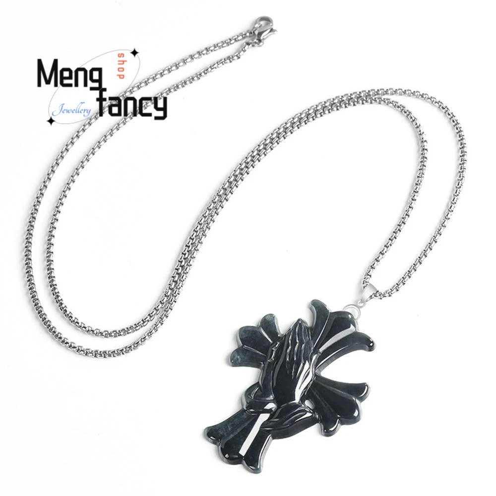 

Natural Myanmar A-grade Jadeite Cross-shaped Prayer Hand Three-dimensional Stone Pendant With S925 Silver Clasp Fashion Jewelry