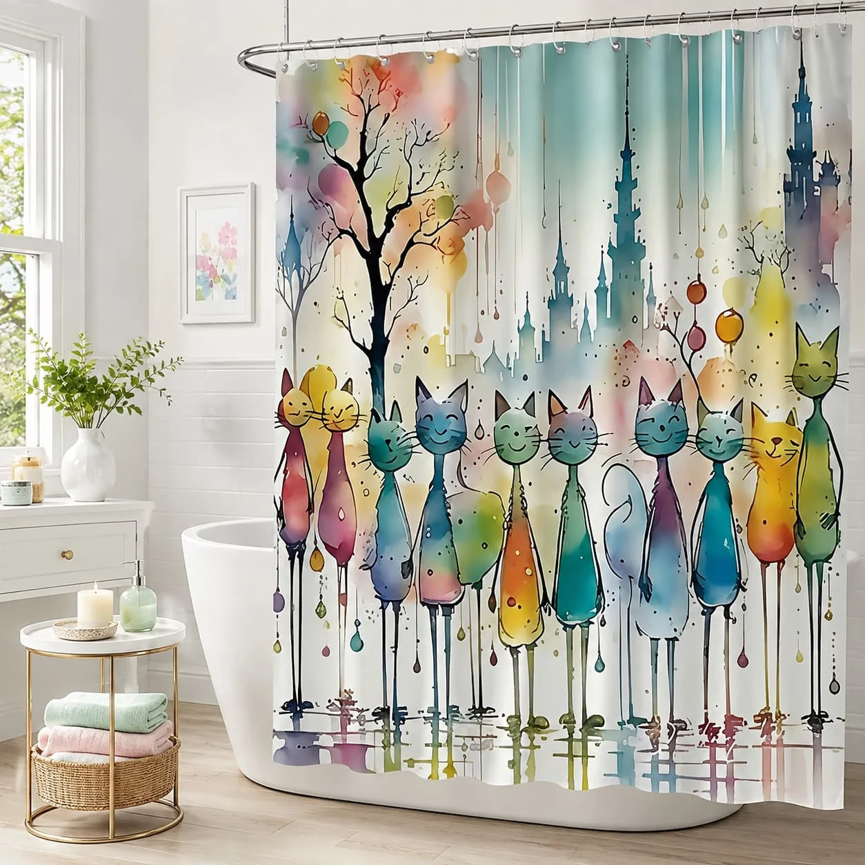 [Abstract Cat Shower Curtain] Modern Abstract Cat Bathroom Shower Curtain |   Colorful Watercolor Painting Style Decorative Hanging Curtain with 12 Hooks |   Bathroom Decoration for All Seasons