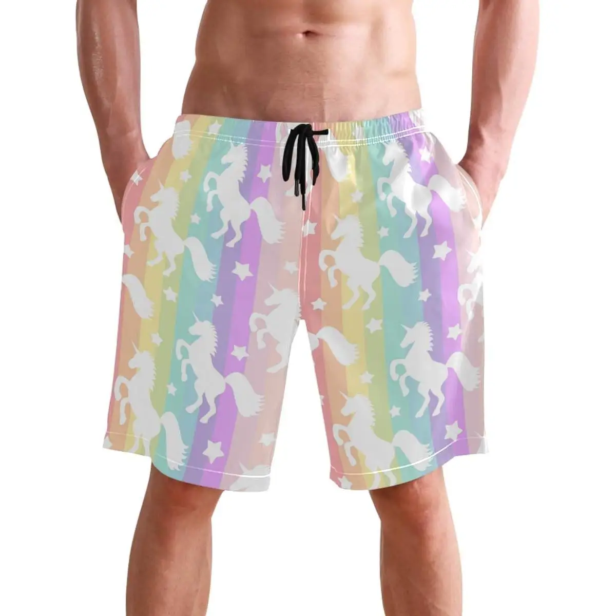 Rainbow Unicorn Stars Stylish Mens Swim Trunks Quick Dry Beachwear Sports Running Swim Board Shorts Bathing Suits Breathable