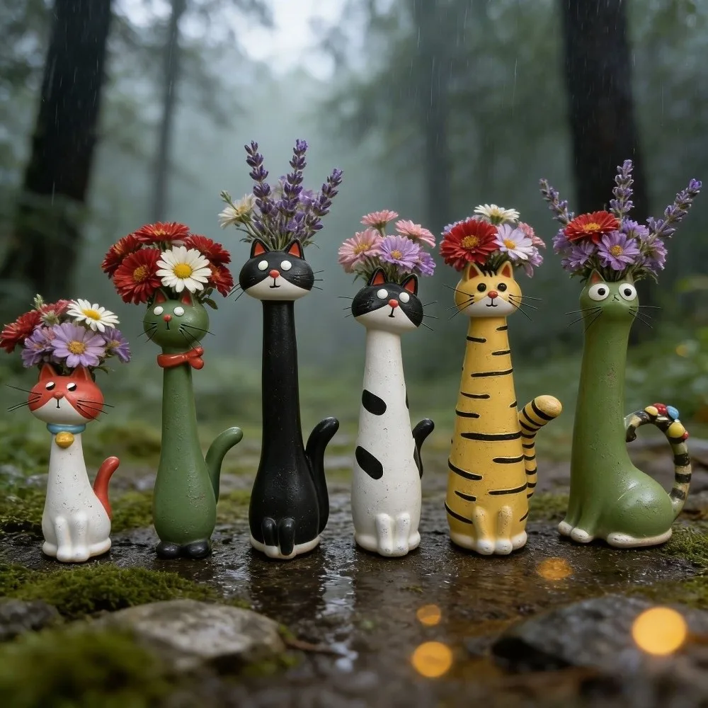 Handcrafted Whimsical Cat Flower Vase Cartoon Unique Cat Shaped Flower Planter Quirky Aesthetic Resin Cat Flower Holder