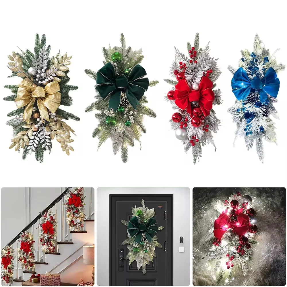 Christmas Wreath With Led Light For Front Door Staircase Fireplace Outdoor Decor Hanging Stair Wall Christmas Decoration 2024