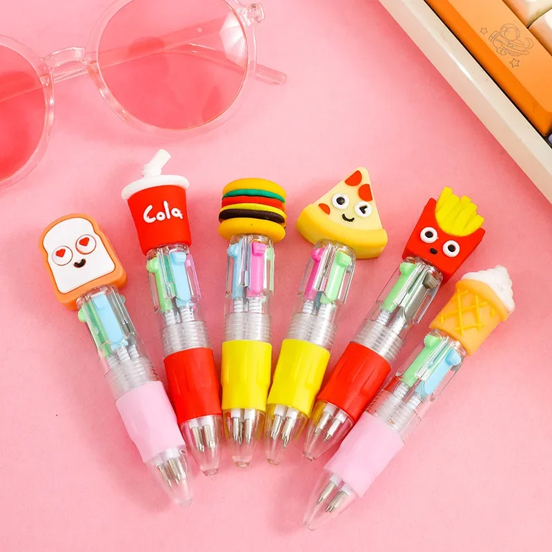 10Pcs/Lot Cute Cartoon Fast Food Mini Four Color Ballpoint Pen Kawaii Icecream Hamburg Chips Pizza Cola Pens School Stationery