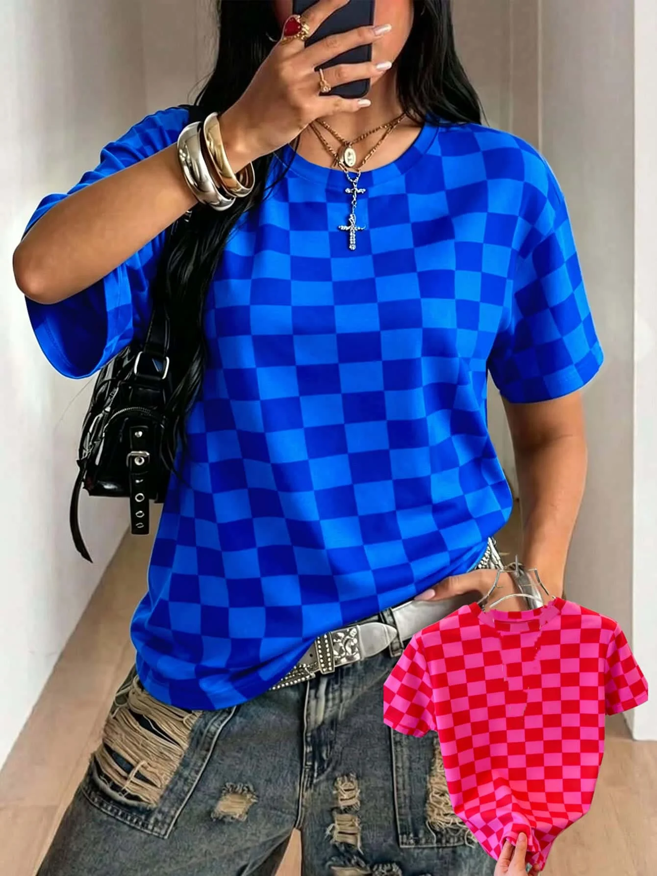 High End Fashion Women's Blue Checkered Red Checkered Print Y2K Style T-shirt Casual Sports Street Trend Loose Short Sleeved