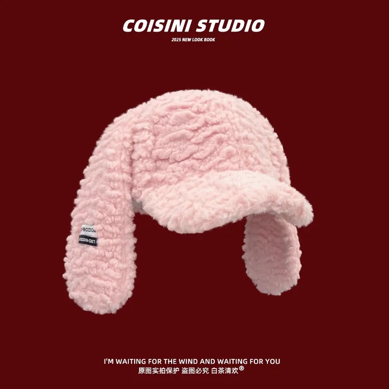 Y2K الحلو الوردي أفخم أرنب الأذن قبعات البيسبول للنساء شتاء دافئ تنوعا الشارع الاتجاه شخصية الهيب هوب القبعات للرجال