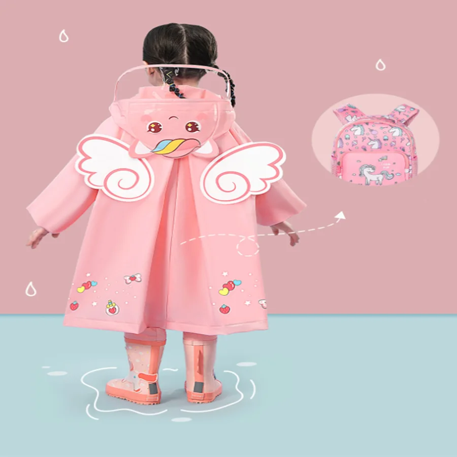 A boy girl casual cute unicorn print waterproof hooded raincoat, long sleeve zipper hooded poncho, children\'s raincoat outdoor