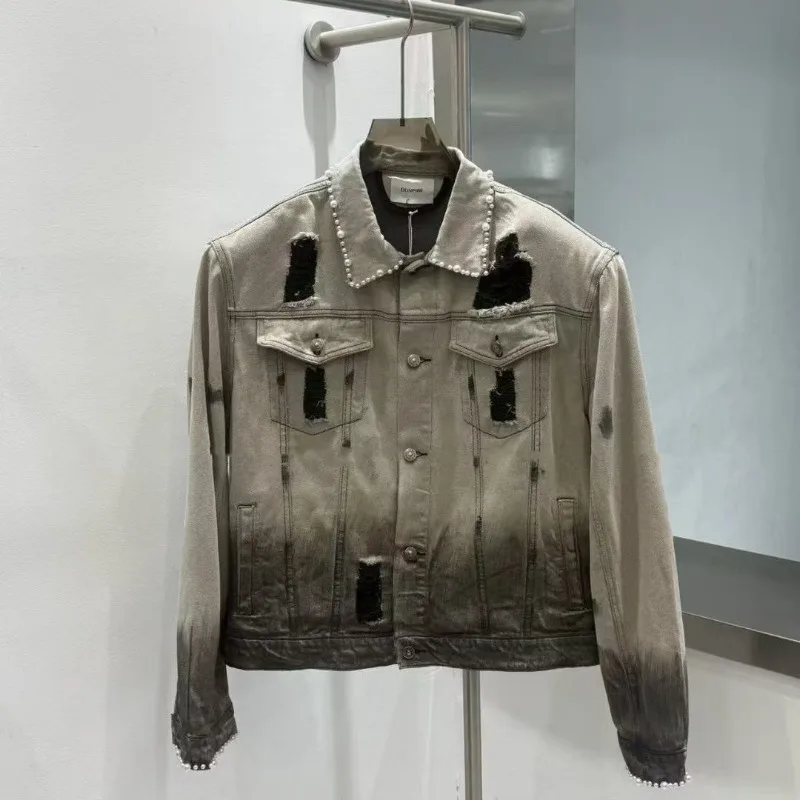 Men Niche Design Washed Gradient Denim Two Piece Set Shoulder Padded Pearl Trimmed Ripped Jacket And Pants Outfit