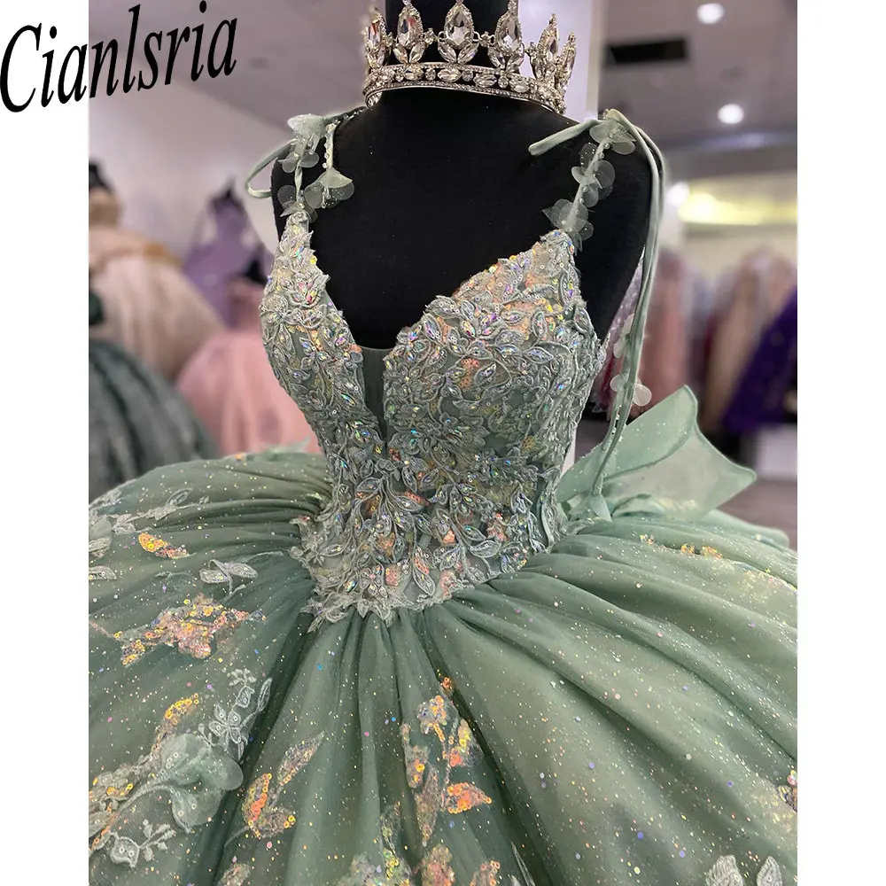 Mint Green Sequined Appliques Beading Shiny Crystal Ball Gown Quinceanera Dresses Spaghetti Strap Bow Corset Vestidos De 15 Años