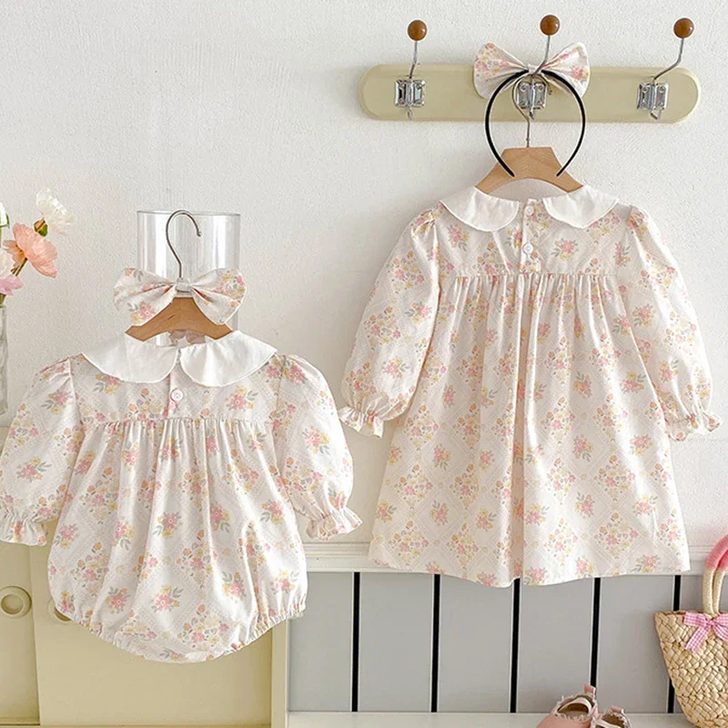 2025 New Autumn Sister Dress 2-7Yrs Girl Party Dress Baby Girl Romper Long Sleeved Cotton Print Kids Princess Dresses