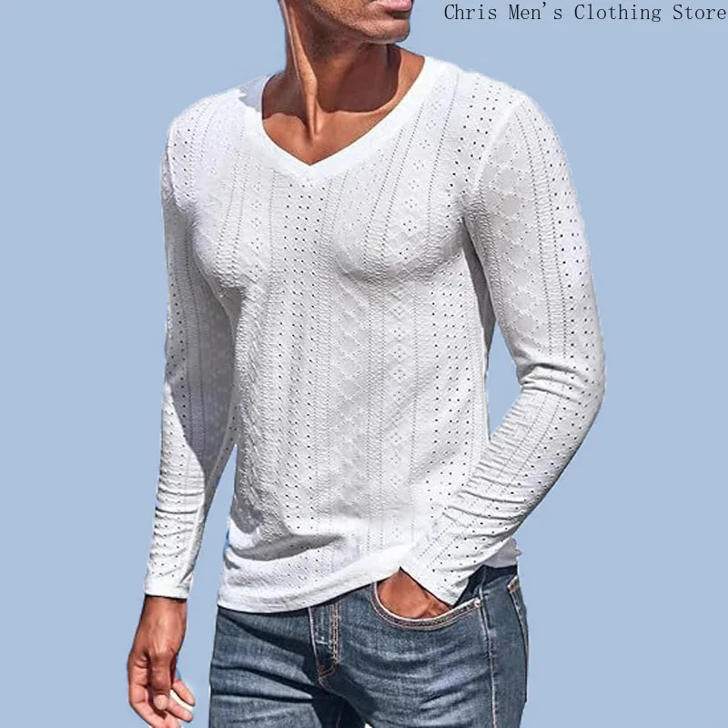 

Fashion Simple Slim V-neck Long Sleeve T-shirt Autumn & Winter New Men's Sexy Hollow V-neck Long Sleeve T-shirt T Shirts for Men