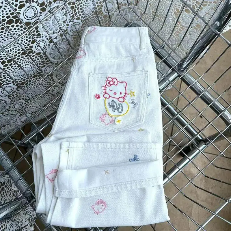 Sanrio Kawaii กางเกงยีนส์ Hello Kittys ฤดูร้อนกางเกงขากว้างสาวน่ารักตรงสไตล์ใหม่หวานหลวมสบายๆสบายๆการ์ตูน Retro