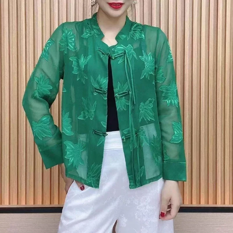 جديد الصيف النمط الصيني مشبك الوقوف طوق موضة بلون الجاكار تنوعا بأكمام طويلة النمط الصيني قميص غير رسمي