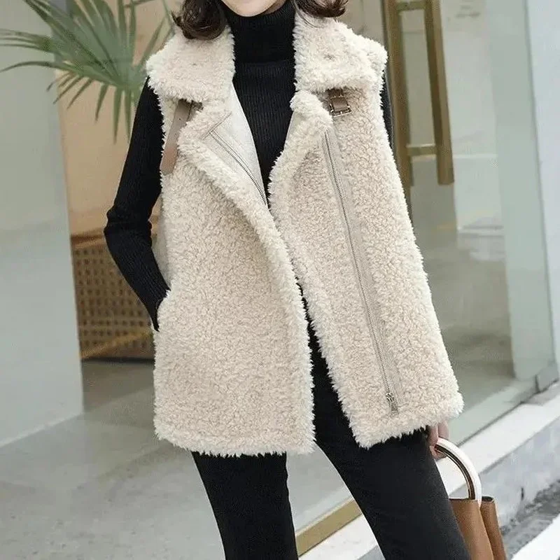 

2023 Winter Autumn Thick Lmitation Lamb Wool Vest Jackets Women Solid Warm Loose Zip Pockets Outwear Coat Gilet Femme Oversized