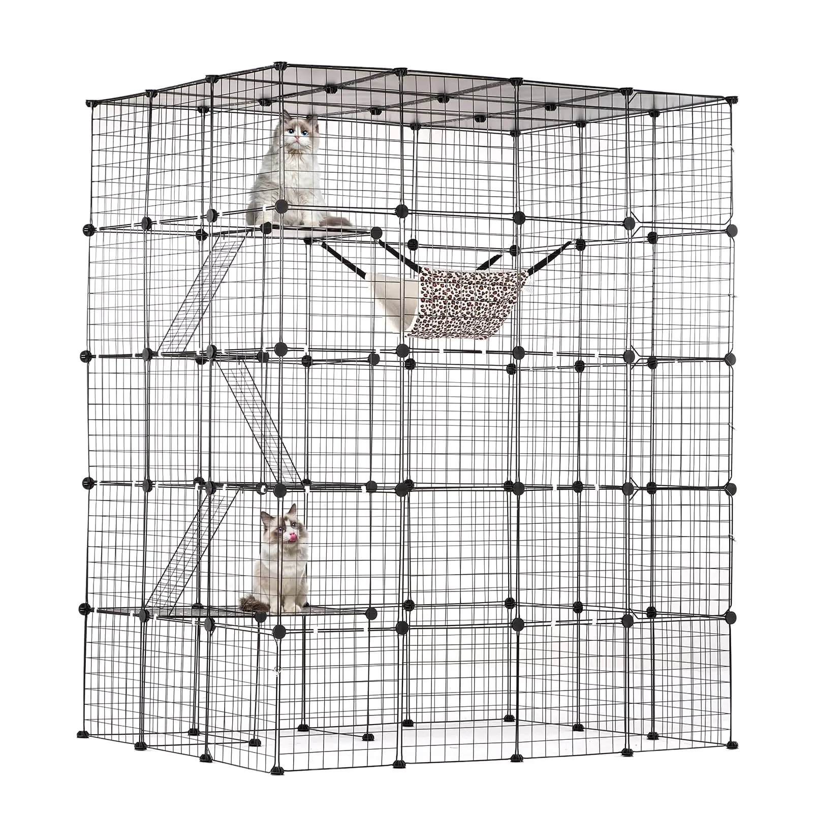 Large 4-Tier Cat Cage, 54 x 41 x 69, Detachable Metal Wire Cat Enclosure, with 5 Front Doors Hammock Ramp ladders