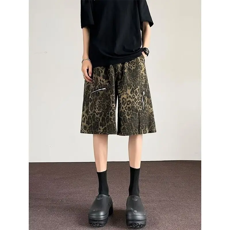 

Женский новый стиль, свободный рабочий наряд в стиле ретро, прямые модные джинсовые шорты с леопардовым принтом и пятью точками