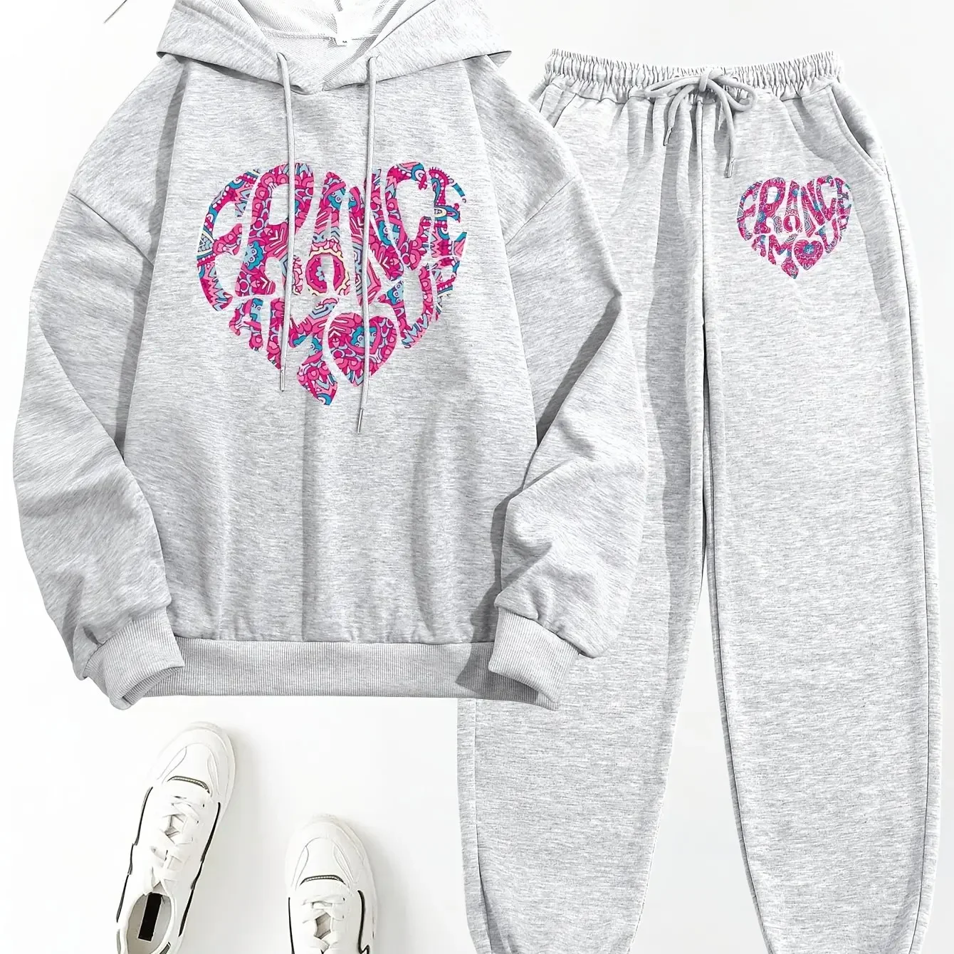 New autumn hoodie hooded set for men and women with heart-shaped letter print drawstring and pocket for daily warmth and comfort view 2