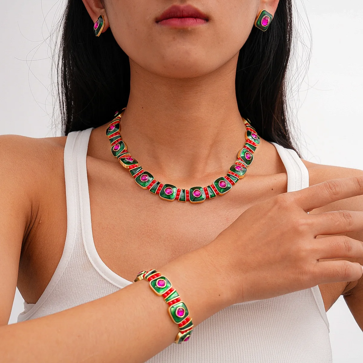 3PCS Colorful Enamel Square Earring for Women Jewelry Set Delicate Bracelets Elegant Zircon Necklace Banquet Aretes De Mujer