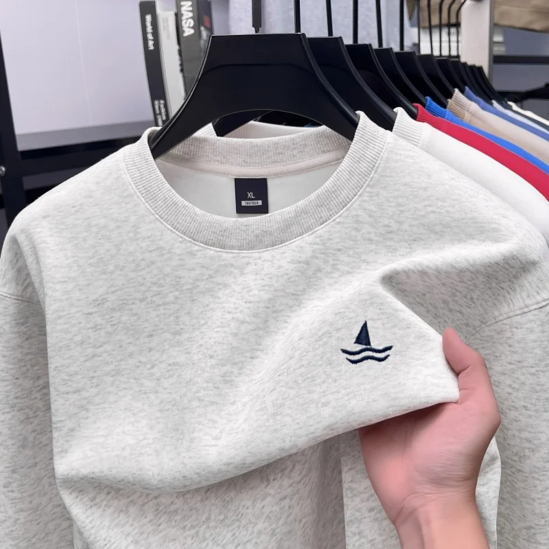 Alta qualidade veleiro bordado pulôver masculino moda marca de luxo outono inverno quente manga longa camiseta casual esportes topo