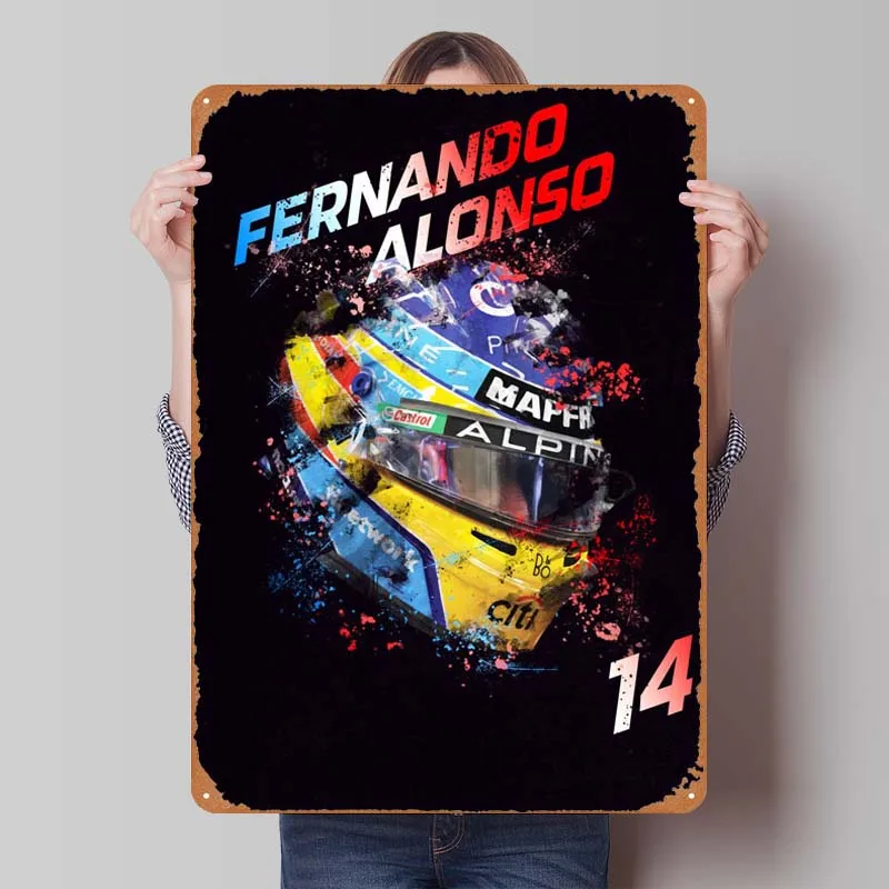 Fernando Alonso F1 Helmet Tin Sign Man Cave Wall Art Vintage Metal Signs for Pub Club Garage Wall Decoration Art of Murals Decor