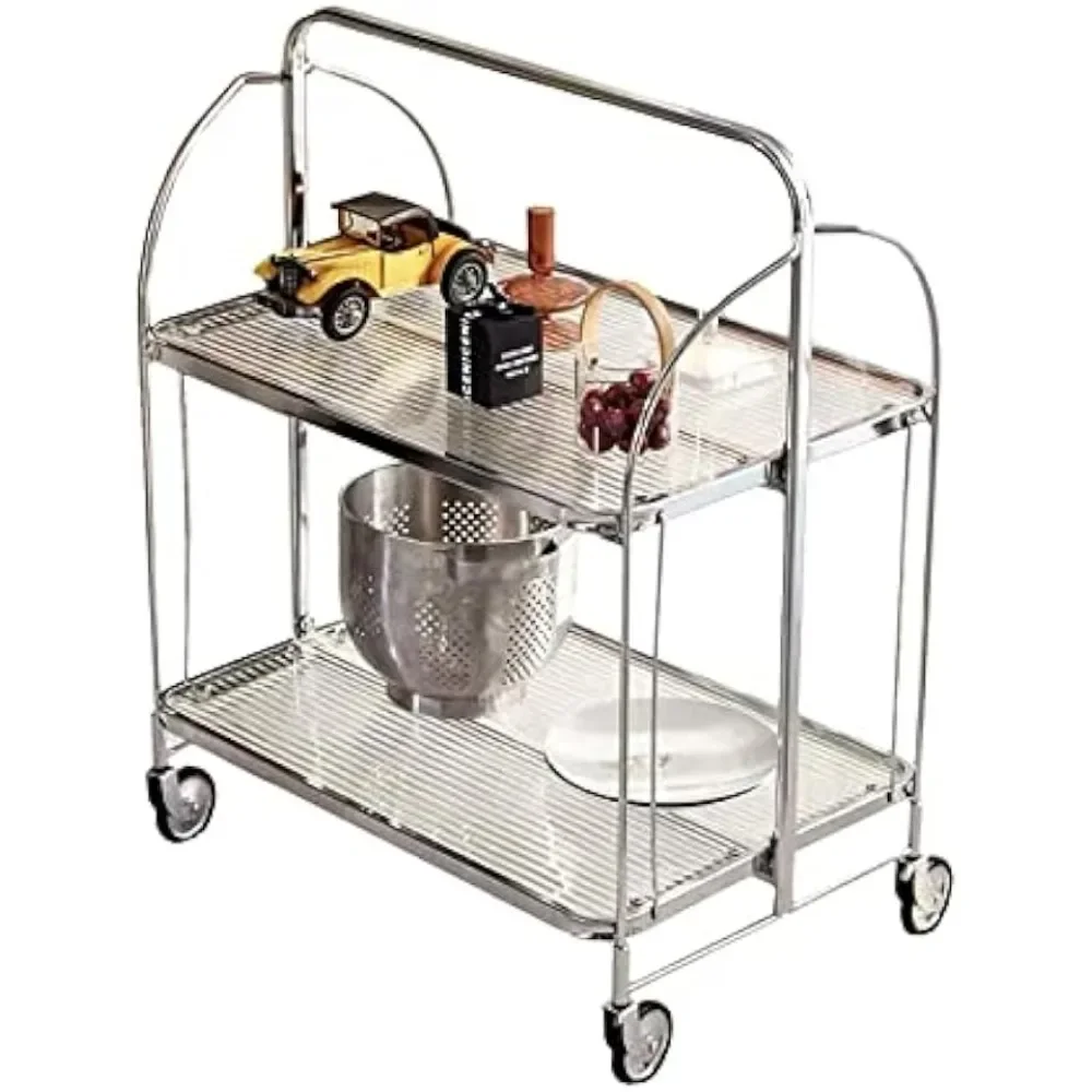 

2-Tier Foldable Storage Serving Cart, Restaurant Rolling Serving Cart W/ Wheels for Bar Restaurant Dining Room Living Room