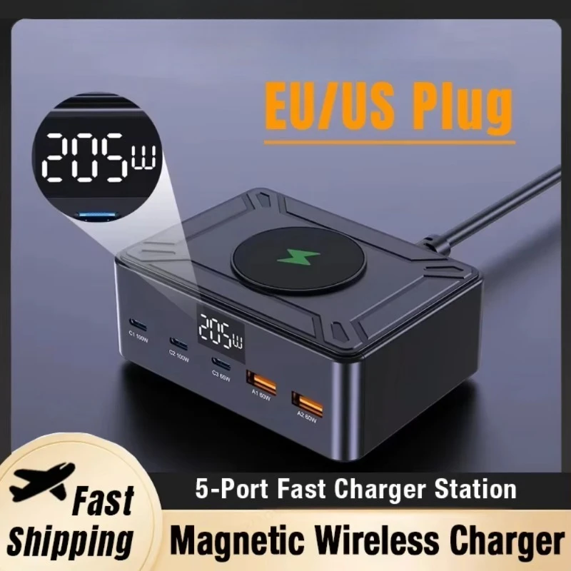 205W USB C Charger Station GaN Fast Charging Block Multiple Ports PD QC Power Adapter Desktop for Laptop Tablet Phone MacBooks