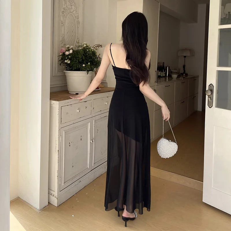 Femme strass Camisole robe 2025 été coupe ajustée fête noir voir à travers maille longues robes robes Elegantes Feminino
