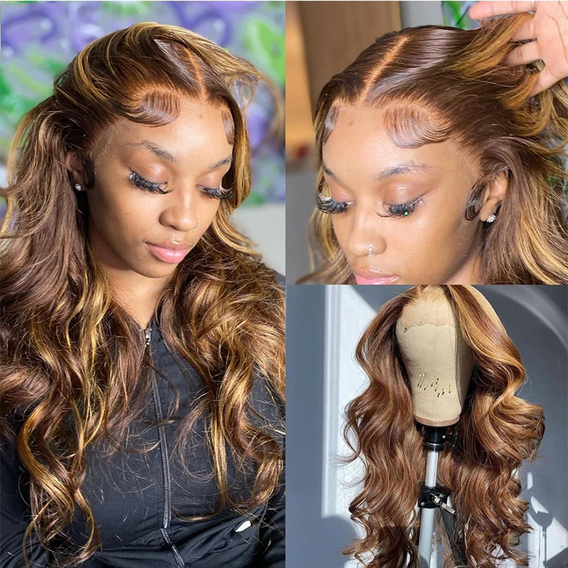 

Натуральные еврейские волосы Highlight Brown, без клея, мягкие, длинные, с эффектом волн, 5x5, на шелковой основе, с HD-кружевом, европейские волосы, с baby hair, предварительно выщипанные