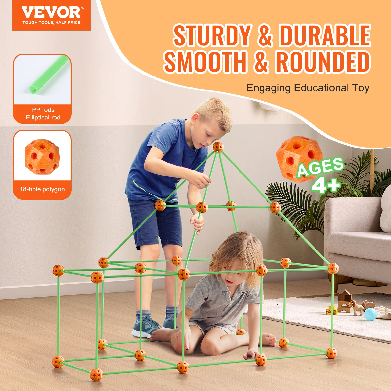 VEVOR Fort Building Kit Construction Castle Tunnels Toys with 55 Rods 30 Balls Indoor Play Tent for Educational Gift Blocks