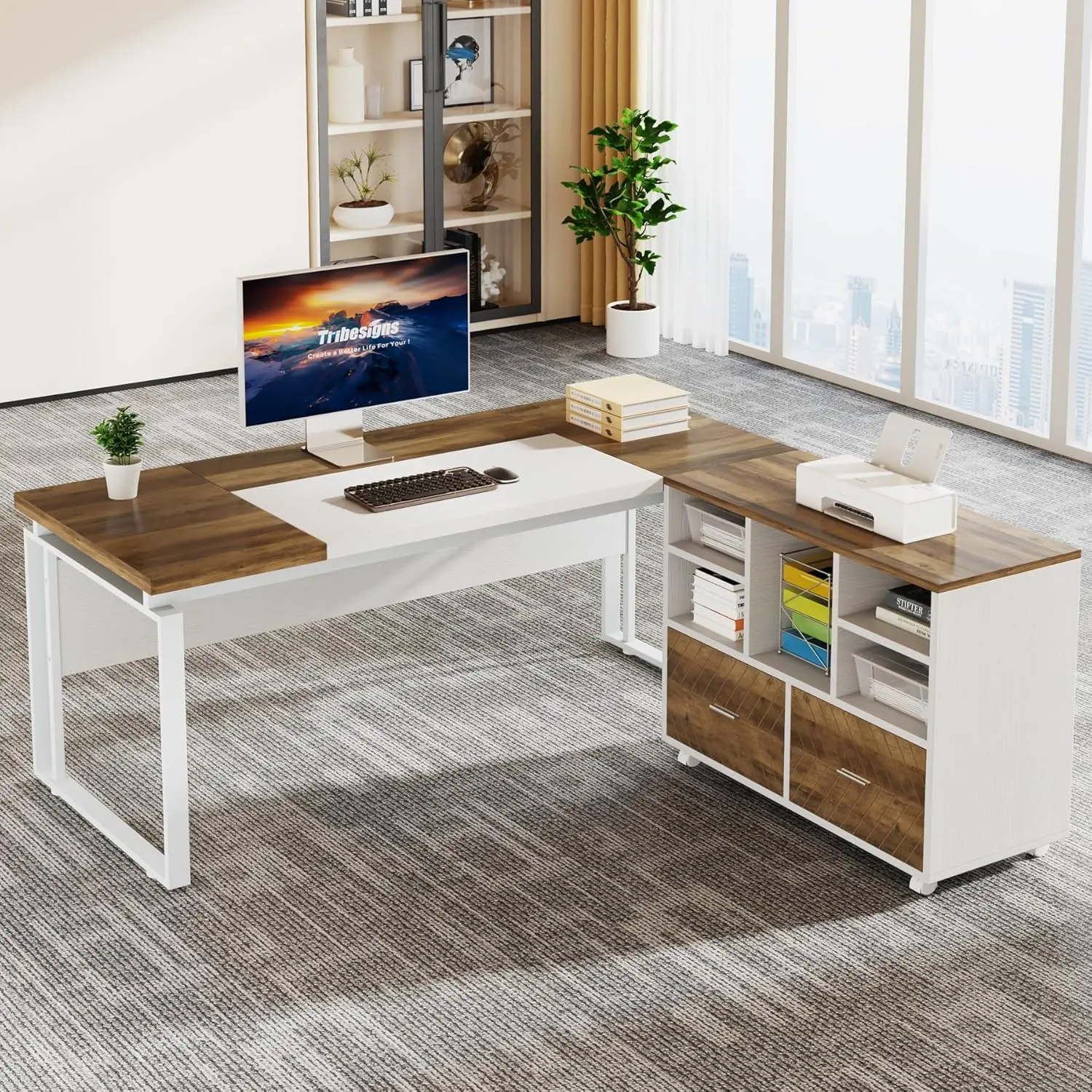 

Tribesigns L-Shaped Executive Desk with Reversible File Cabinet, 63" Office Desk with Storage Drawers, Computer Desk Set (Oak