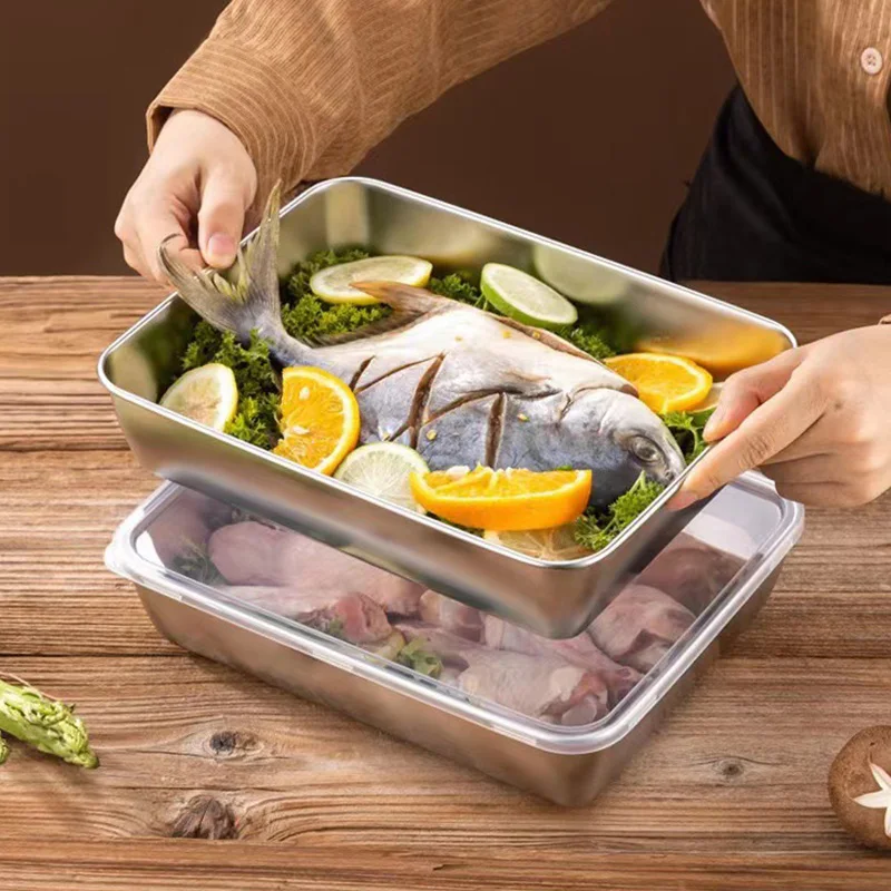 1pc Food Storage Pan Dish Tray Rectangular Fruit Lunch Box Kitchen Organizer Commercial Stainless Steel Square Plate