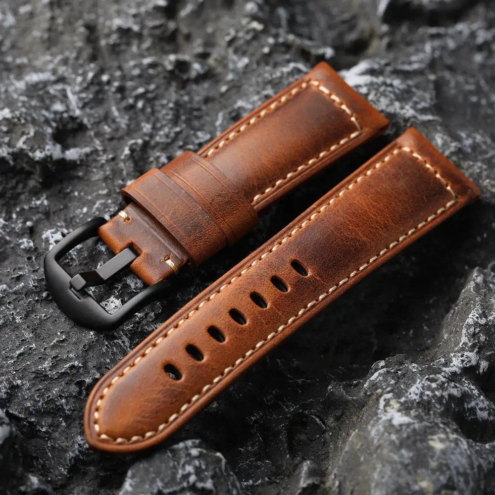 Handmade Head Layer Cowhide Leather Strap Tan Vintage Men Watch Bracelet 20 22 24MM Soft Thickened Bronze Buckle Bracelet