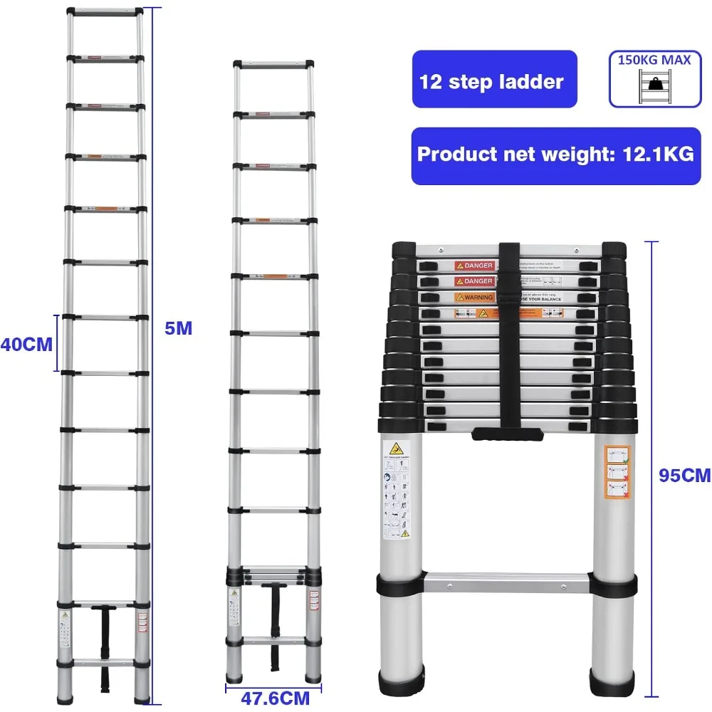 Telescoping Ladder - 16FT Portable, Lightweight, Folding, Multi-Purpose - Anti-Slip, 330lb Capacity