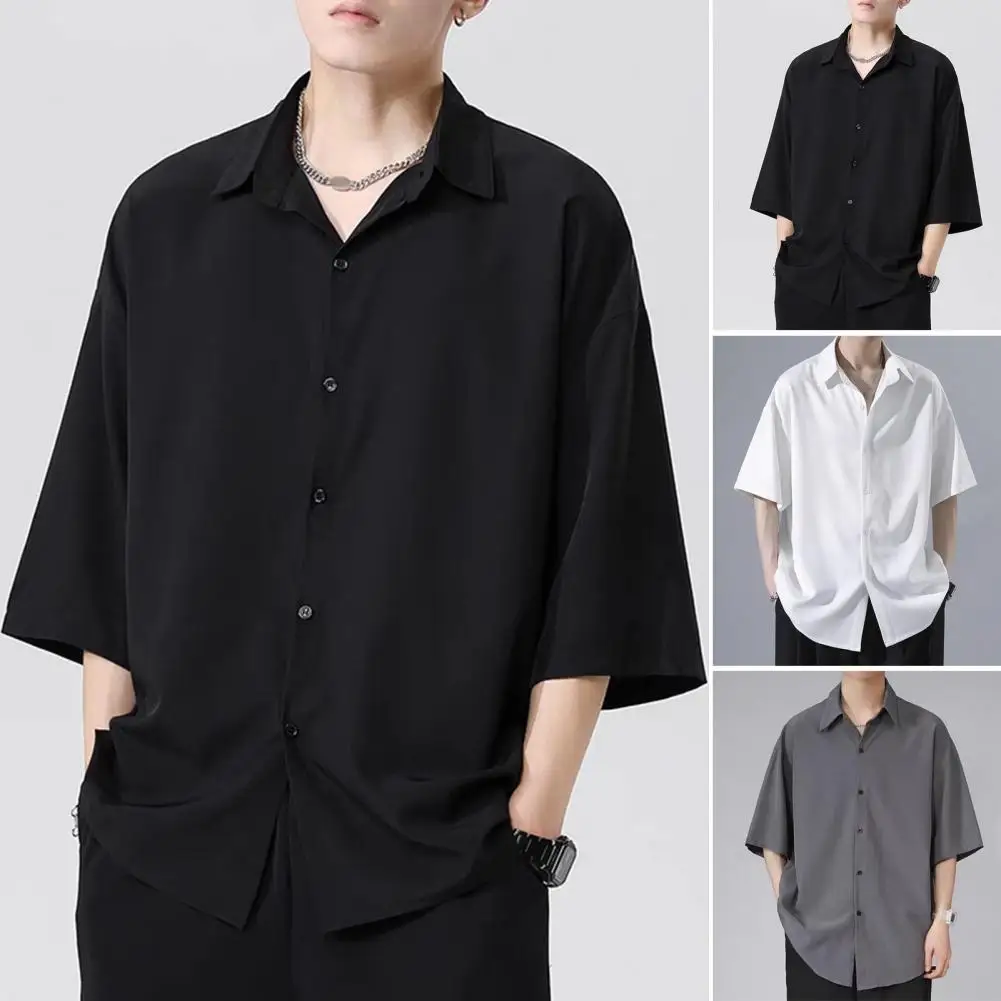 

Men Summer Top Men's Casual Loose Fit Ice Silk Shirt with Half Sleeves Turn-down Collar for School Dating Everyday Wear