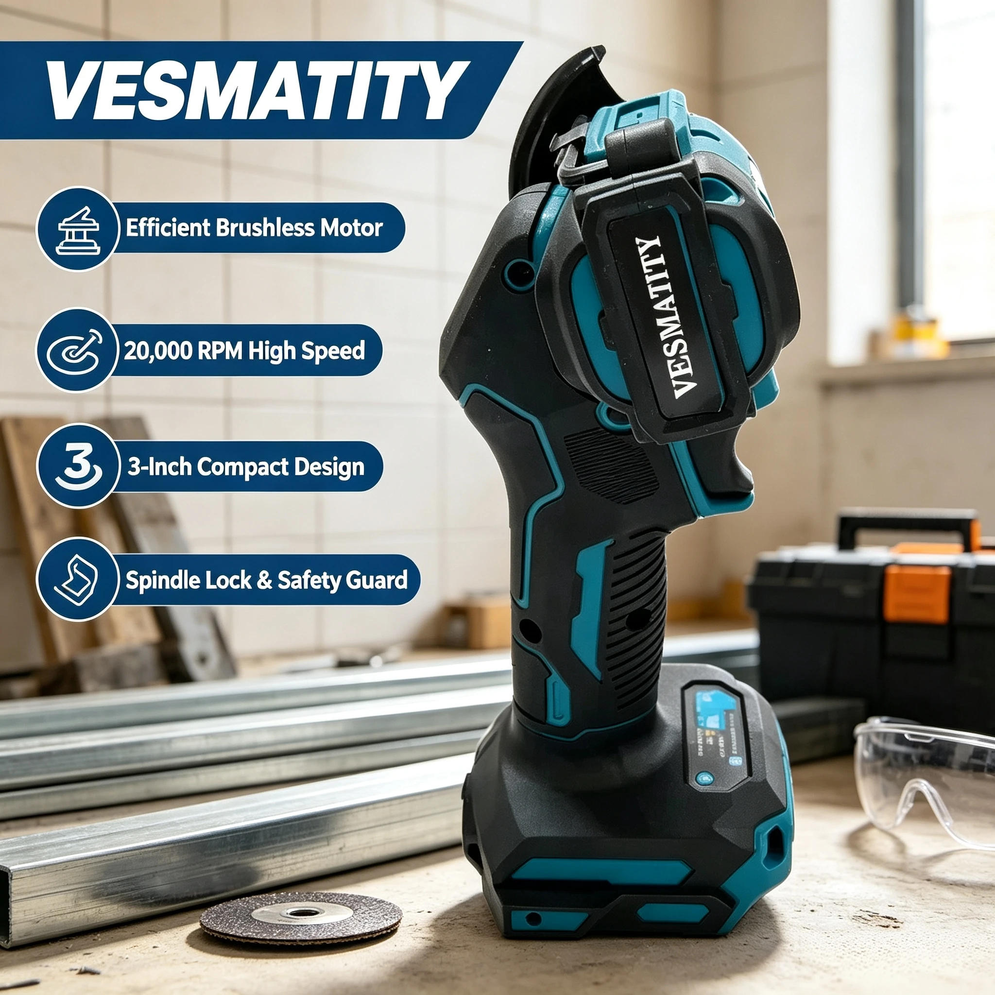 VESMATITY 3 Zoll 18V 20V Winkelschleifer 20000RPM Bürstenloser Trennschleifer für Metall, Stein, Fliesen Effiziente Max Pro Einheit