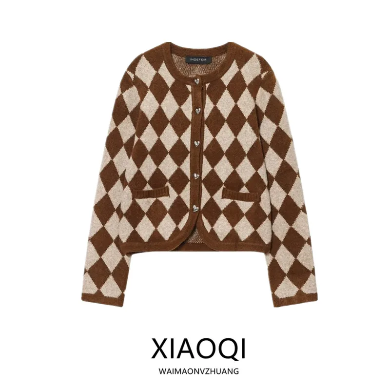 

2025 Winter New Arrival Women's Knitted Commute Diamond Pattern Versatile Outerwear ort Coat Long Sve round Ne Button