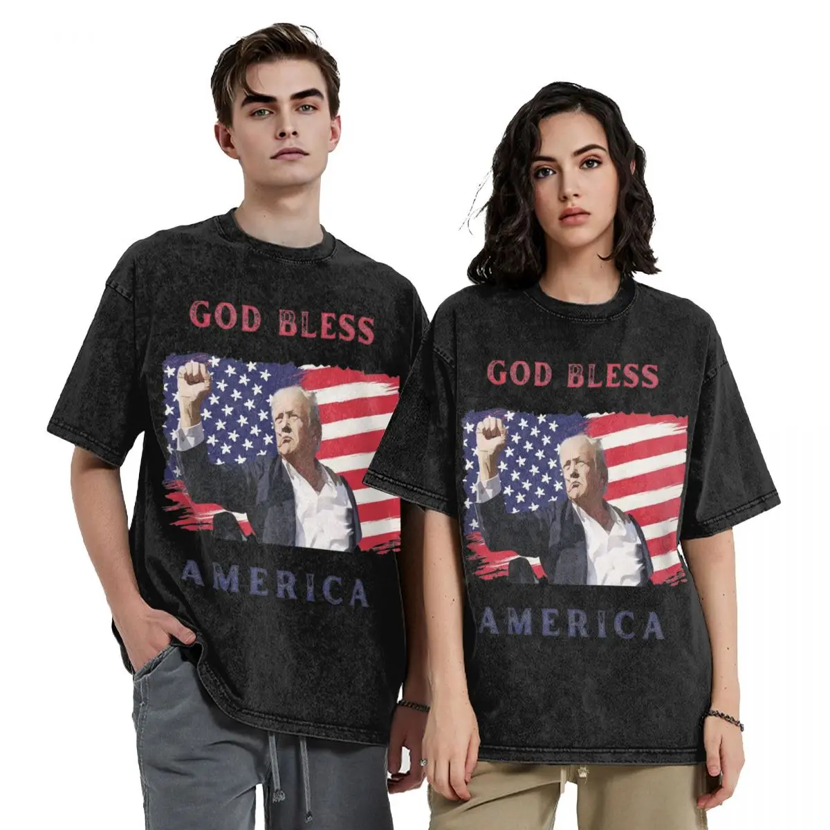 

Tribute To Trump Shot Washed T Shirt Streetwear Hip Hop Vintage T-Shirts God Bless America Tees Men Women 100% Cotton Oversize