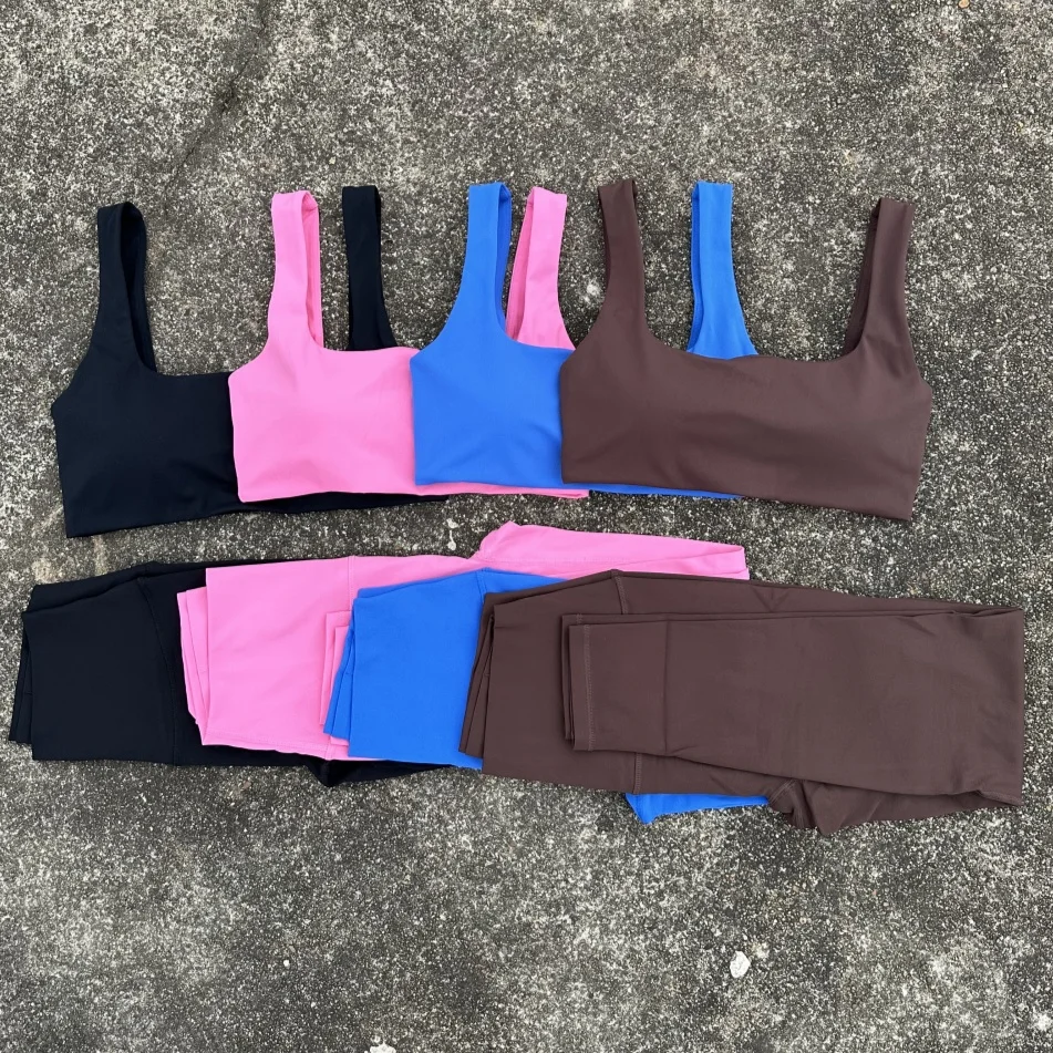 Sexy Solid Color Soft Women Gym Yoga Set Back Hollow Out Gym Vest Bra+High Waist Sport Yoga Leggings 2pc Tight Sportwear Workout