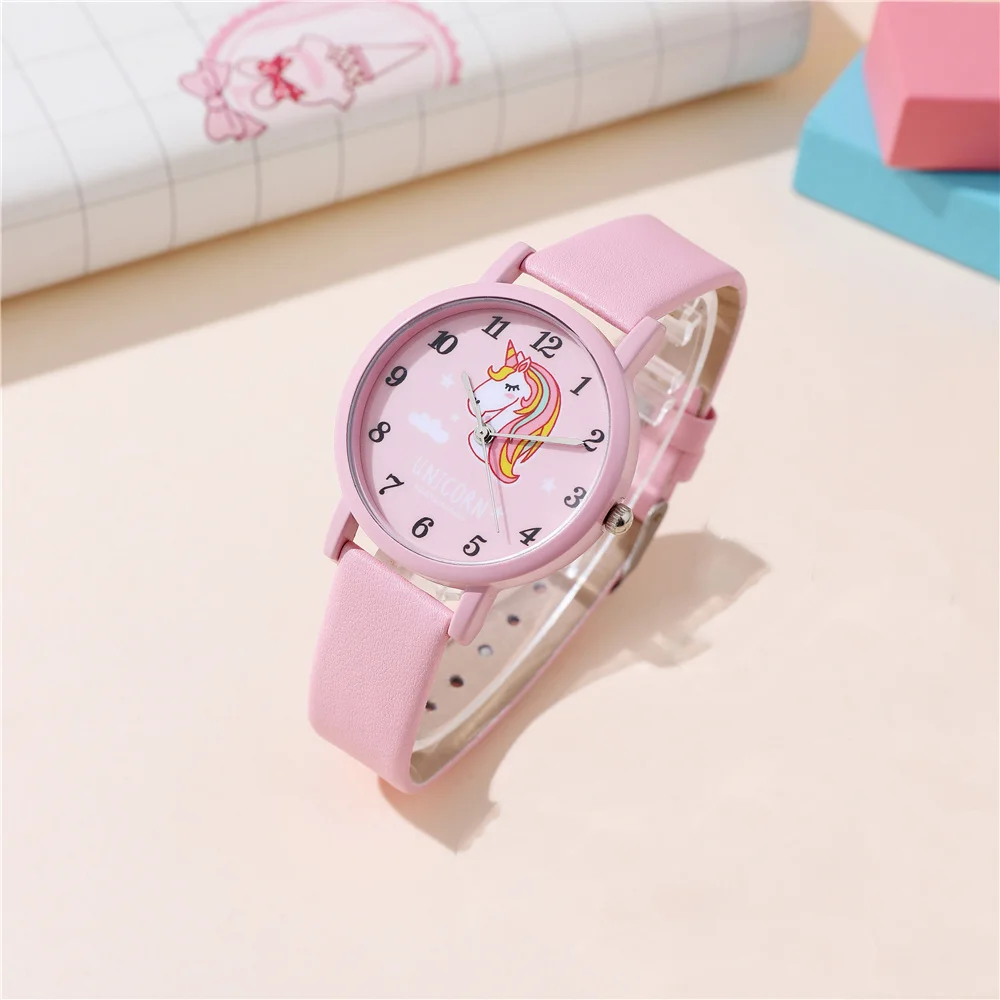 cute pink pu leather band unicorn Children\'s cartoon watch