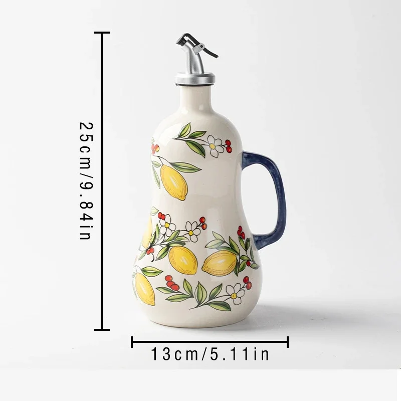 Hand Painted Ceramic Oil Vinegar Bottle Lemon Olive Pattern Leak Proof No Drip With Handle Kitchen Olive Oil Soy Sauce Dispenser view 3