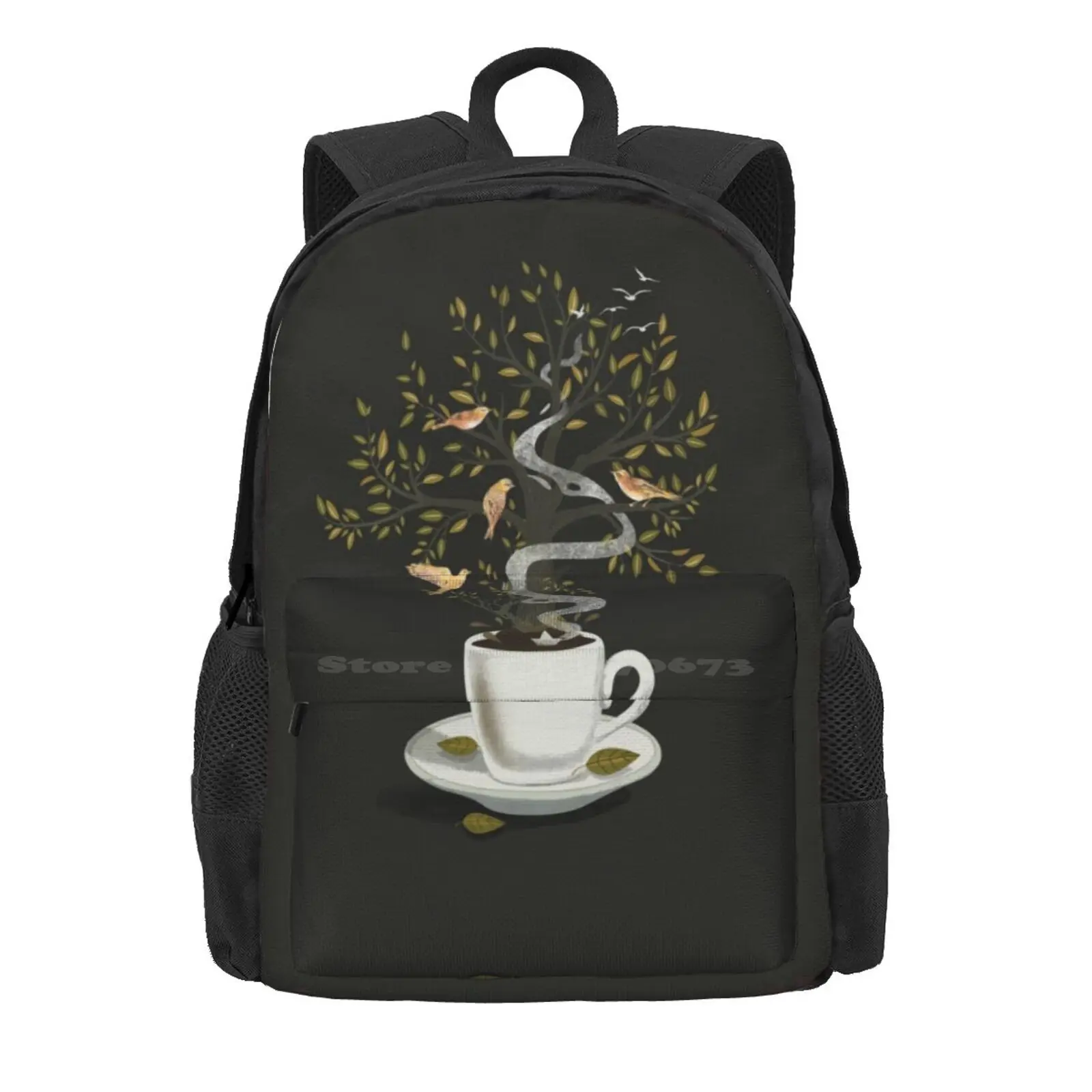 A Cup Of Dreams Hot Sale Schoolbag Backpack Fashion Bags Coffee Dreams Nature Surrealism Birds Trees Cup Tea Time Smoking Black