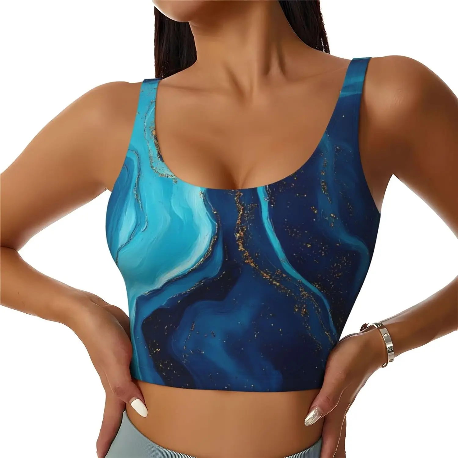 Blue Marble and Gold Pattern Racerback Sports Bras for Women Support Bra for Yoga Gym Workout Fitness