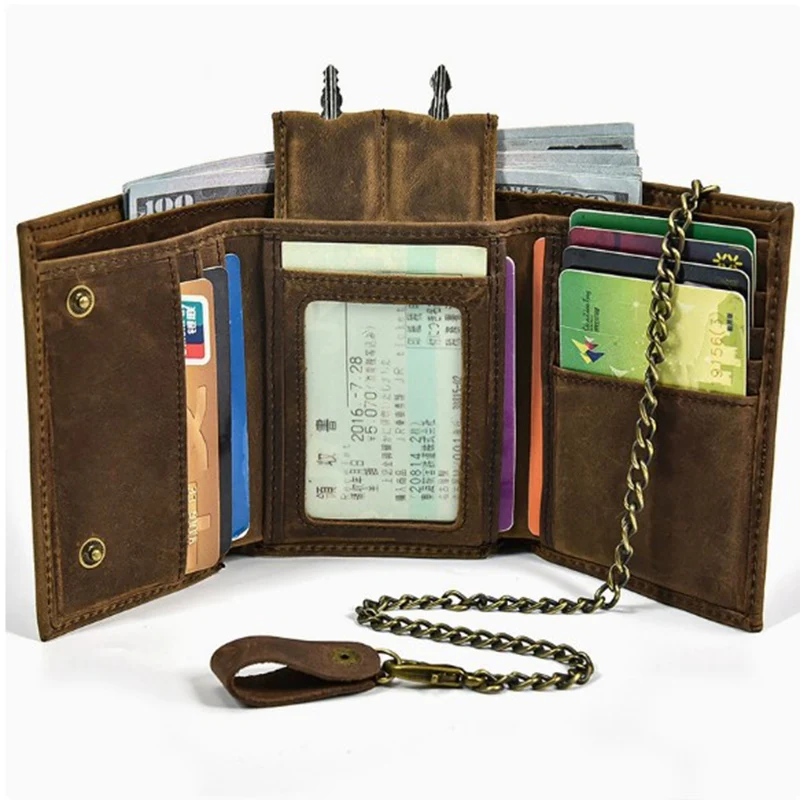 Crazy Horse Leather Trifold Wallet for Men - Anti-Theft Chain Clutch Money Bag, Luxury Small Coin & Key Purse